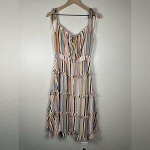 PINCH Women's Large Bohemian Chic Multicolor Tiered Ruffle Striped Midi Dress